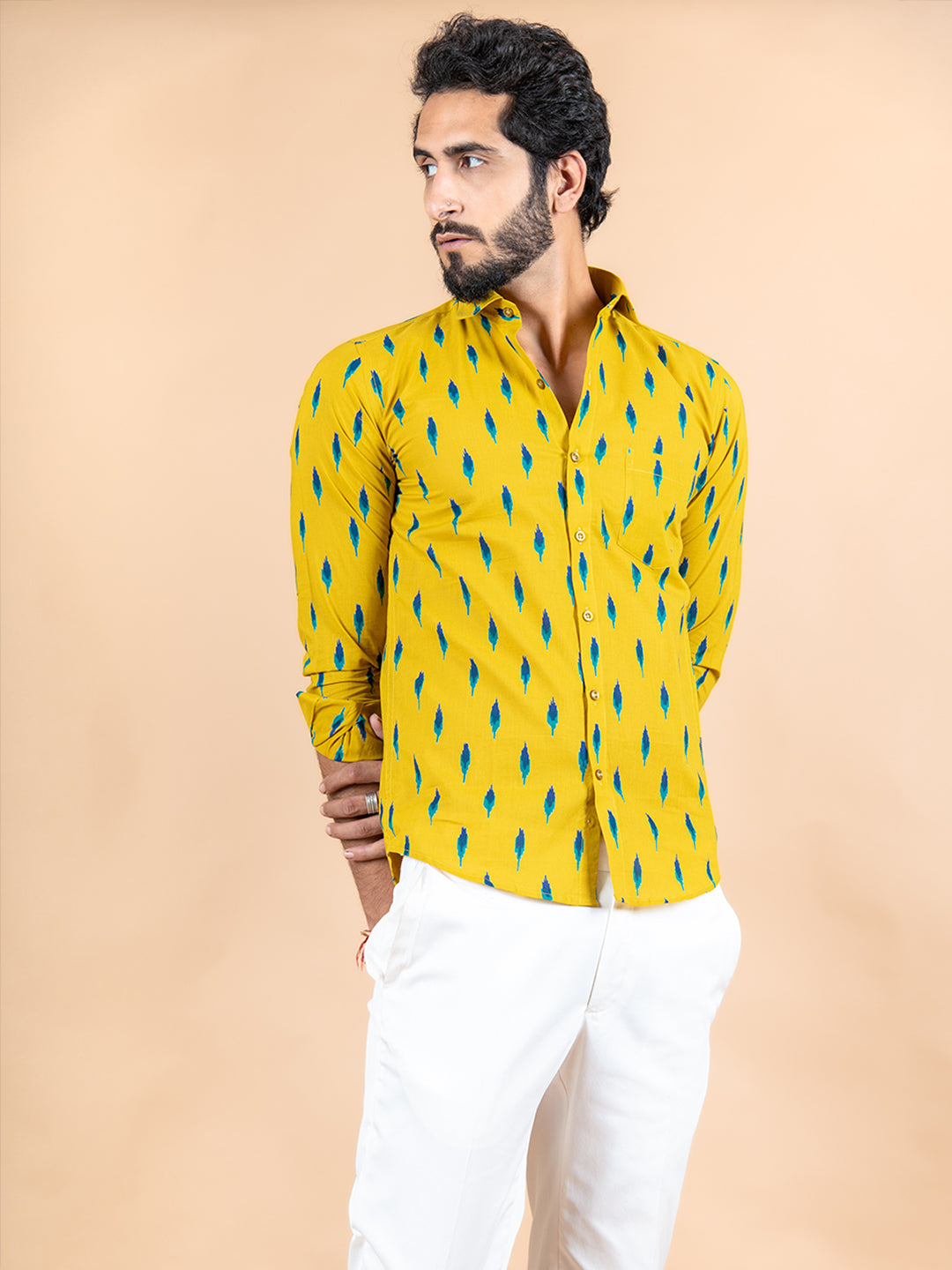 Yellow Jaipuri Cotton Full Sleeve Printed Shirt