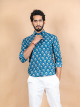 Blue Jaipuri Cotton Full Sleeves Printed Shirt