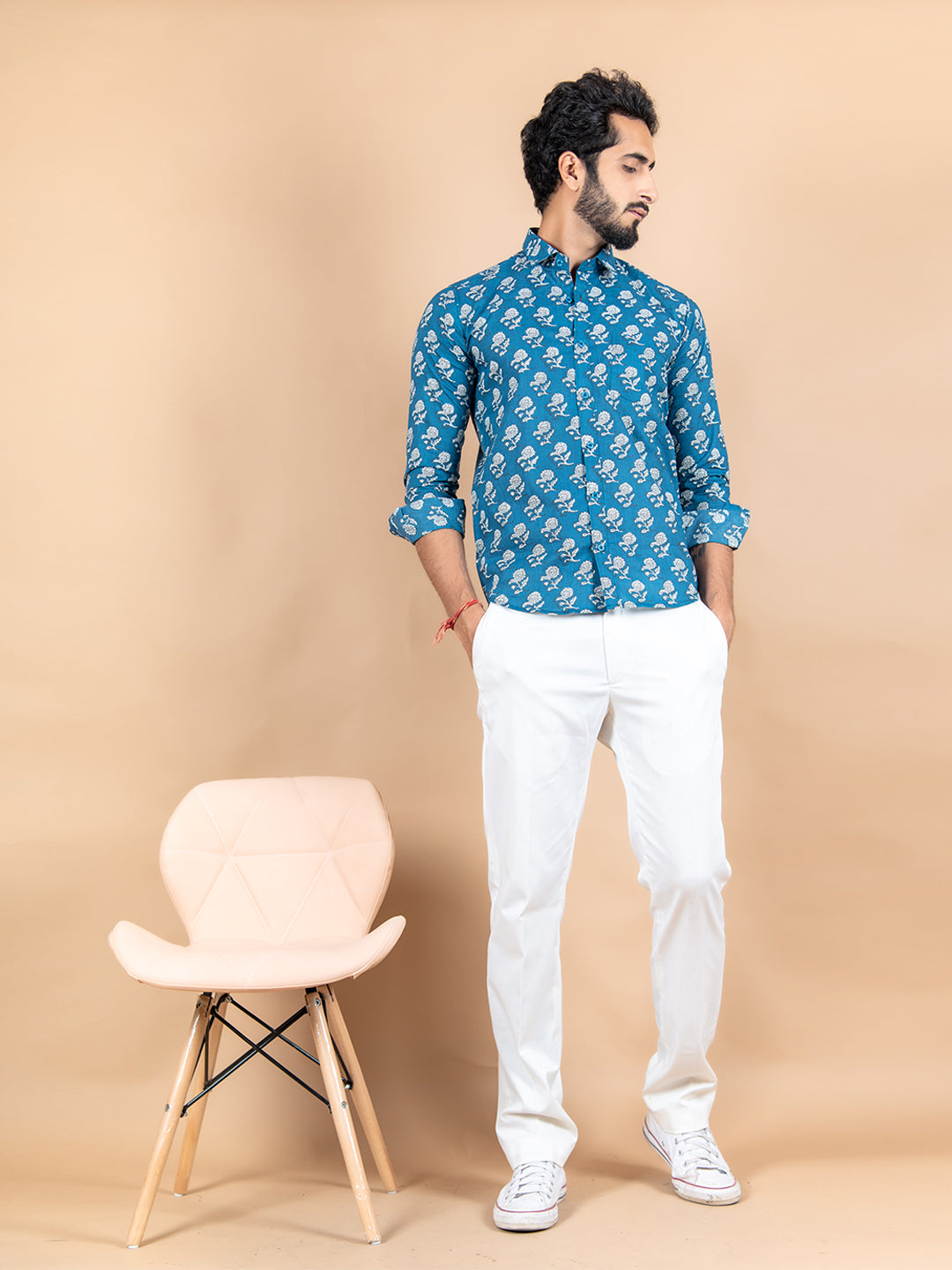 Blue Jaipuri Cotton Full Sleeves Printed Shirt