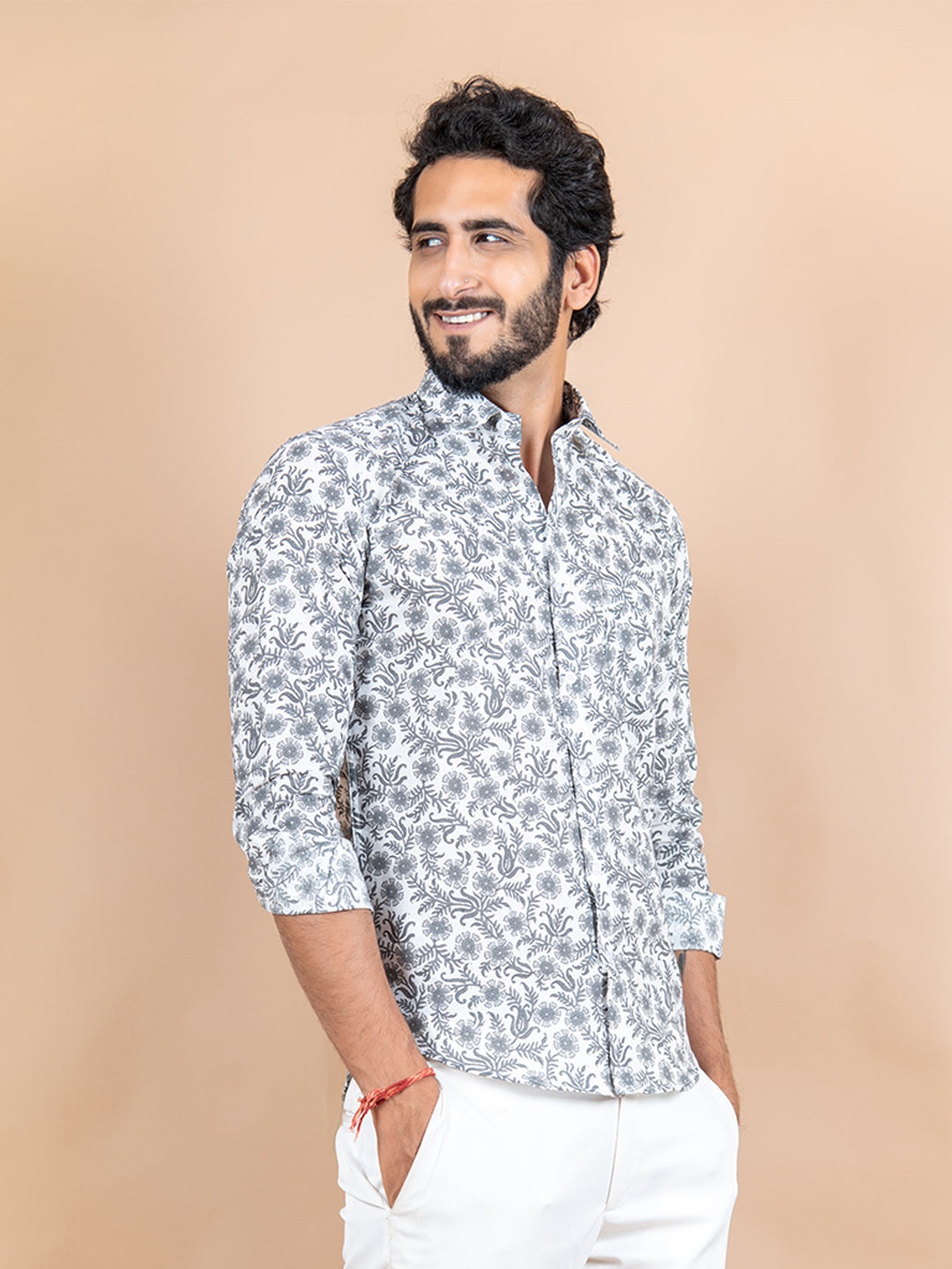 Cotton White And Blue Jaipuri Printed Shirt