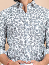 Cotton White And Blue Jaipuri Printed Shirt