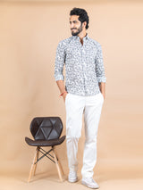 Cotton White And Blue Jaipuri Printed Shirt