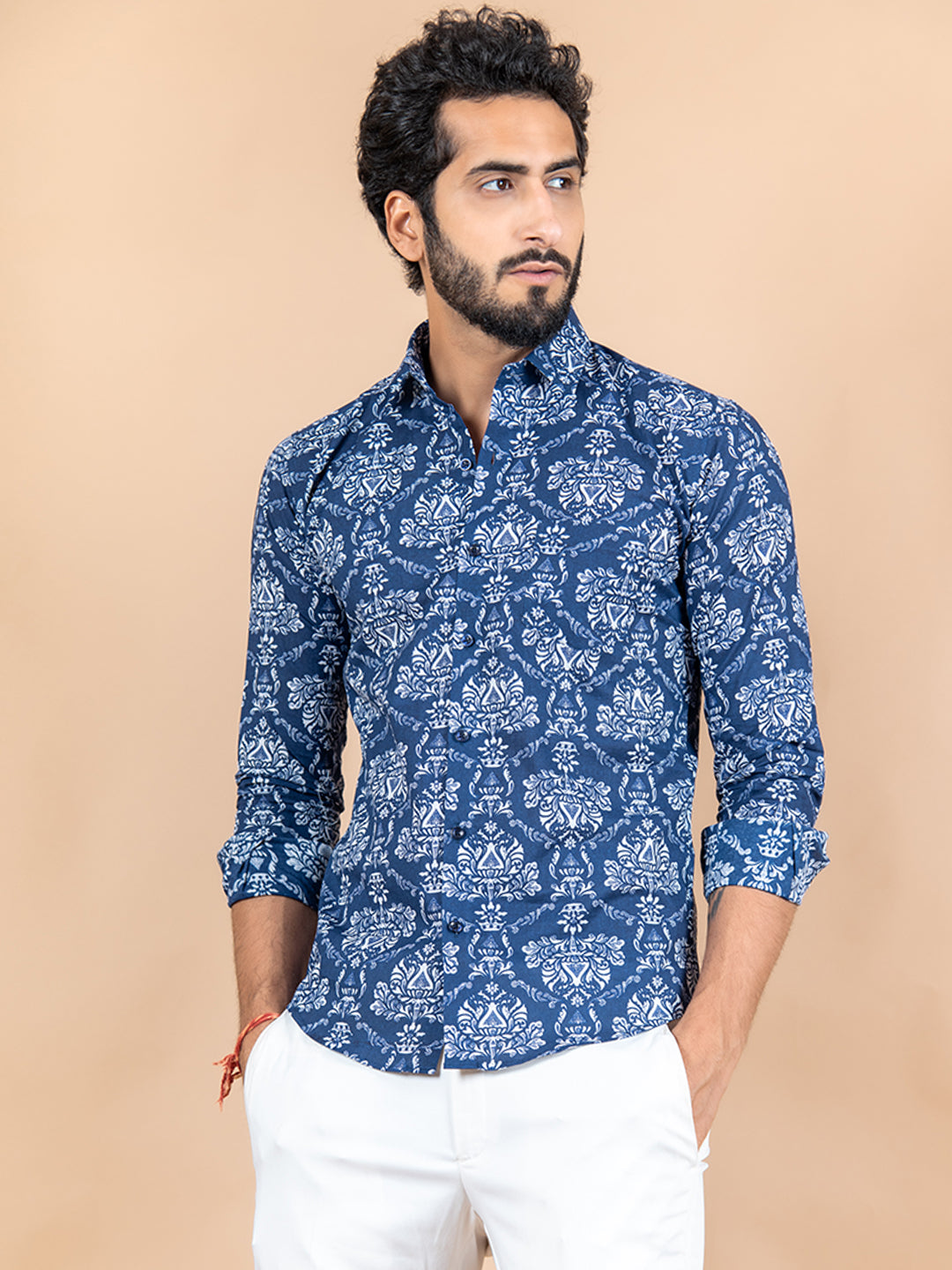 Dark Blue Cotton Jaipuri Printed Shirts For Men