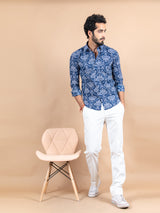 Dark Blue Cotton Jaipuri Printed Shirts For Men