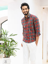 Red & Blue Jaipuri Full Sleeves Cotton Printed  Shirt