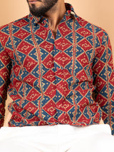 Red & Blue Jaipuri Full Sleeves Cotton Printed  Shirt