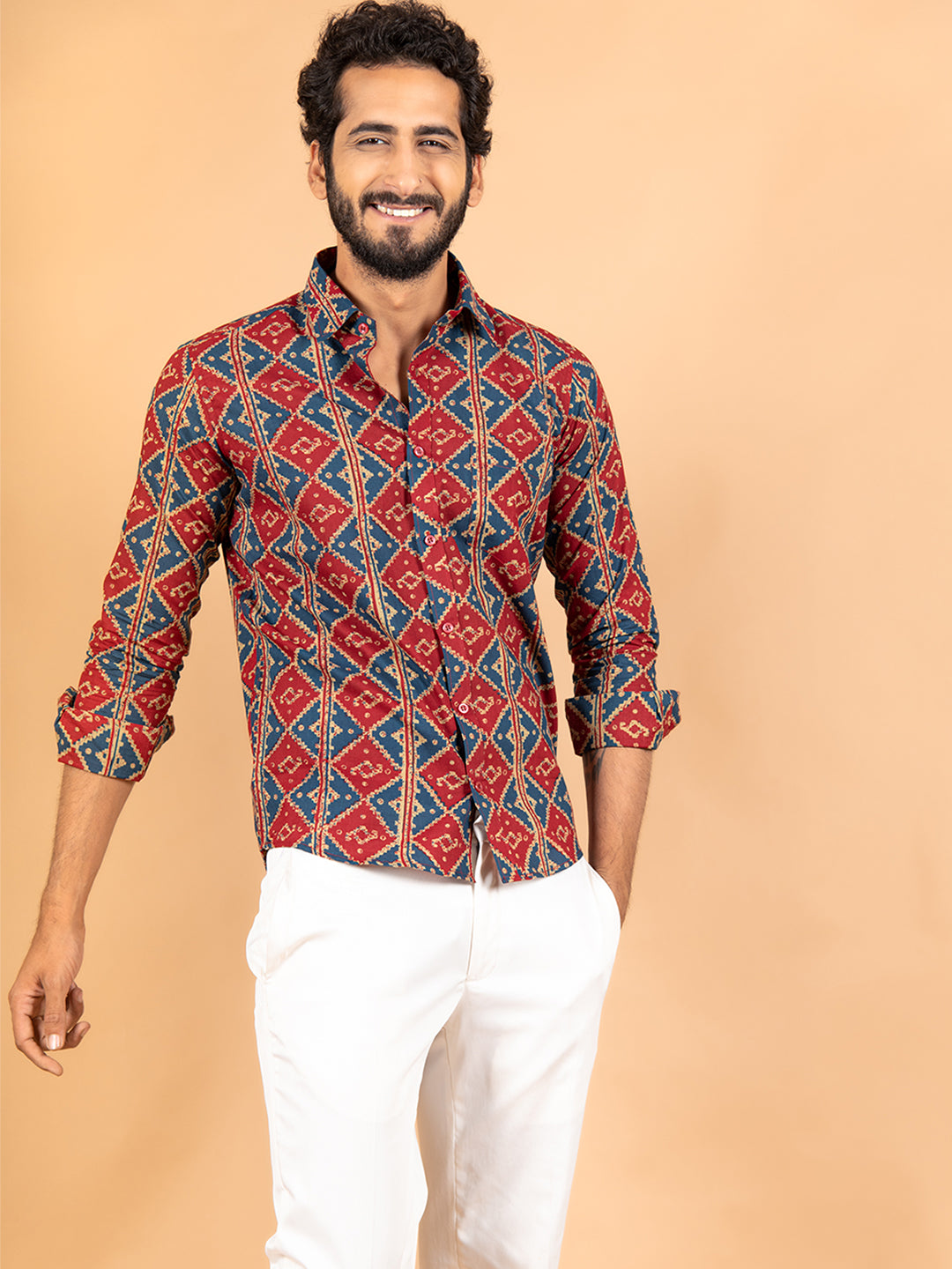 Red & Blue Jaipuri Full Sleeves Cotton Printed  Shirt