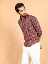 Red & Blue Jaipuri Full Sleeves Cotton Printed  Shirt