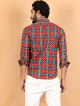 Red & Blue Jaipuri Full Sleeves Cotton Printed  Shirt