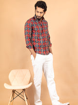 Red & Blue Jaipuri Full Sleeves Cotton Printed  Shirt