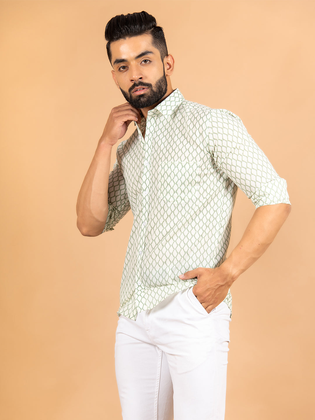 Cotton White Geometric Printed Shirt