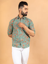 Sea Green Florescence Cotton Printed Shirt For Men