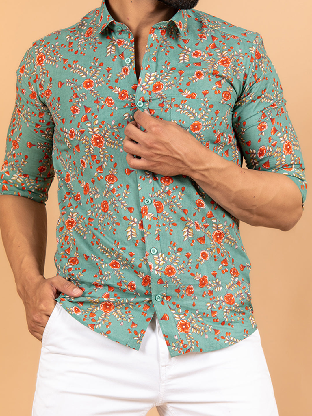 Sea Green Florescence Cotton Printed Shirt For Men