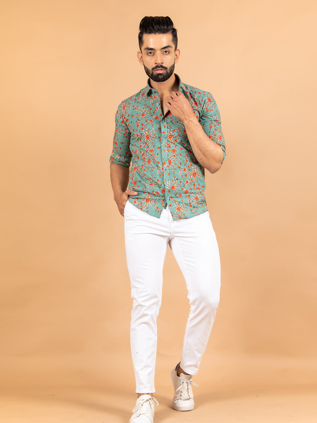 Sea Green Florescence Cotton Printed Shirt For Men