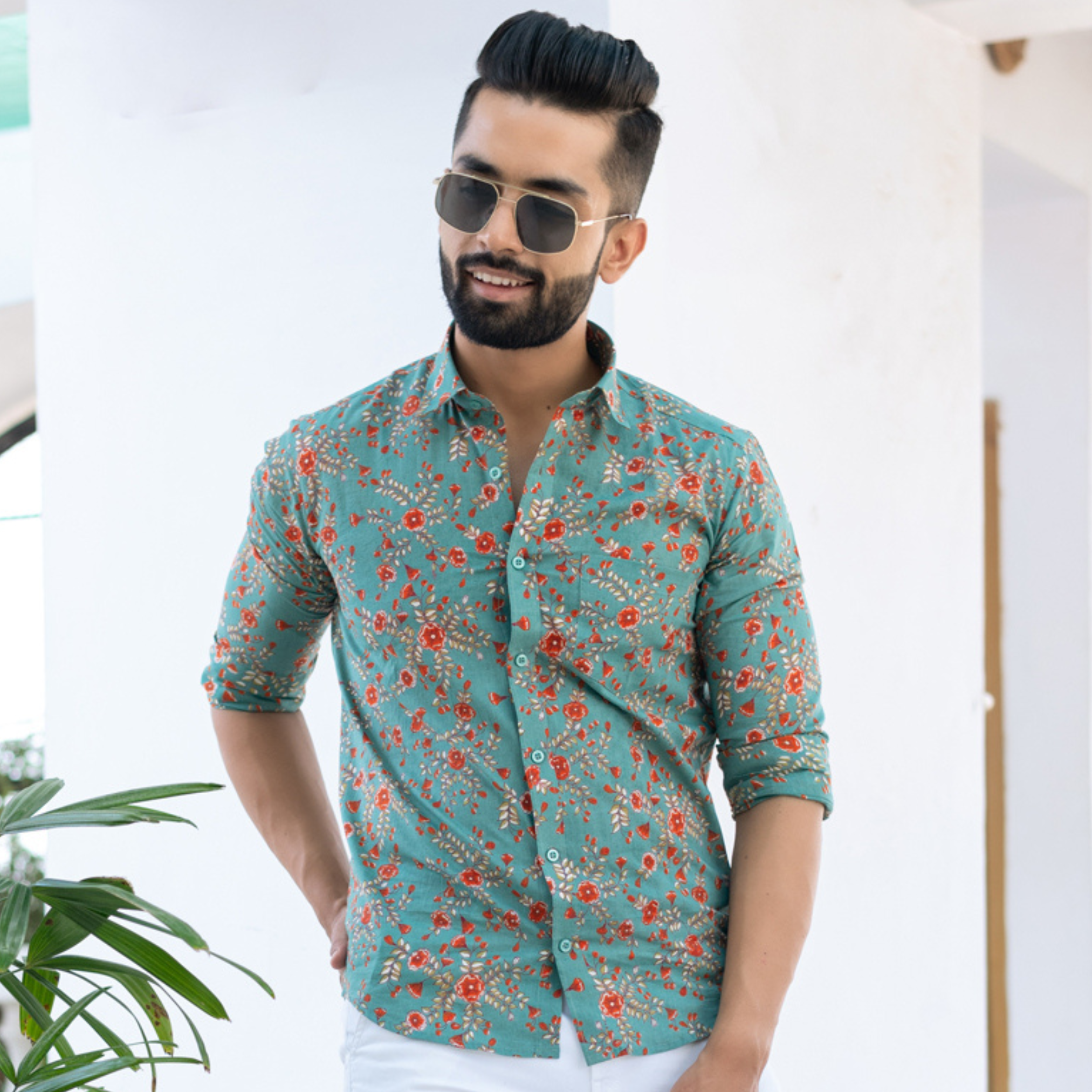 Sea Green Florescence Cotton Printed Shirt For Men