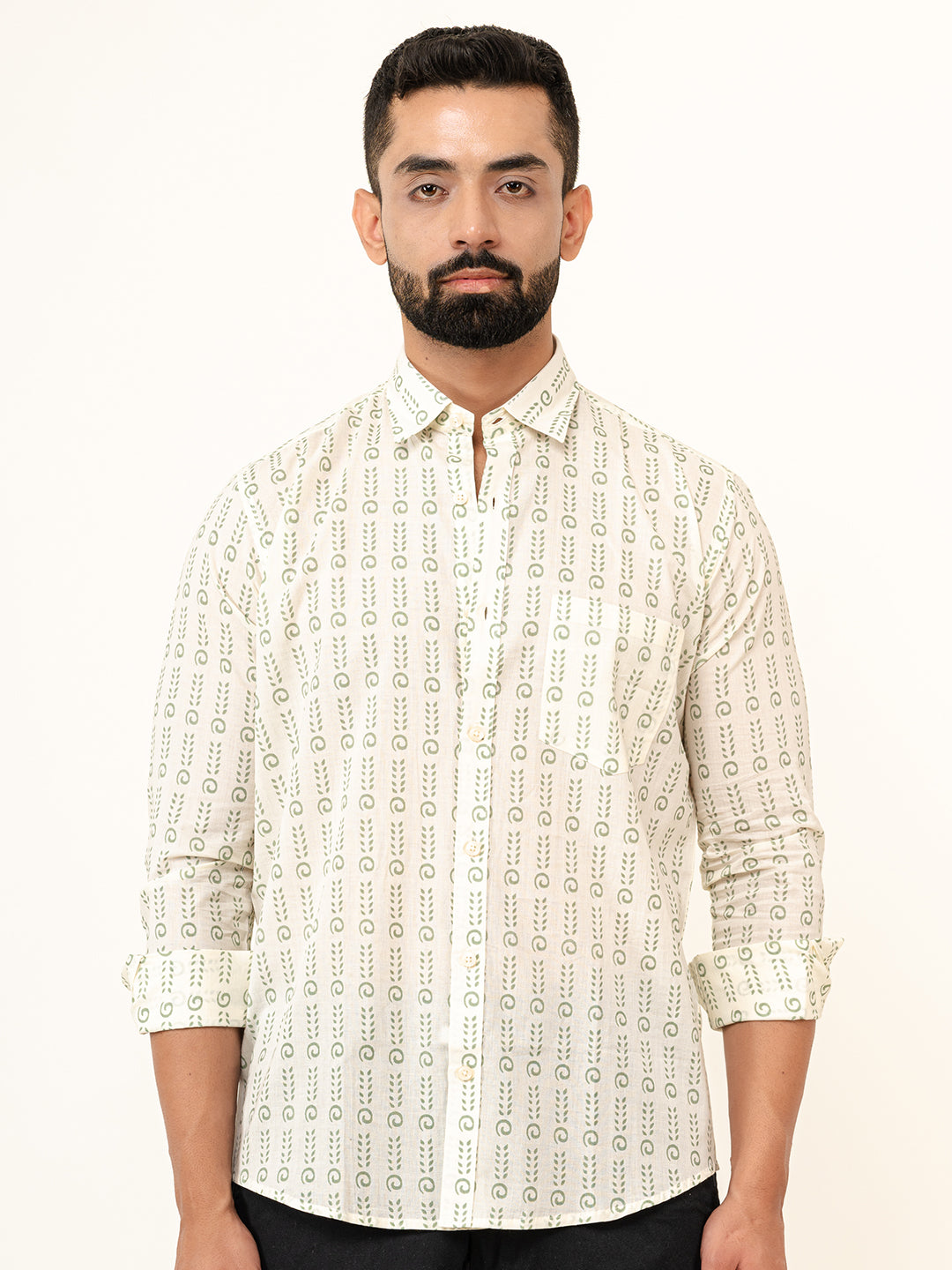 White Jaipuri Cotton Printed Shirt For Men