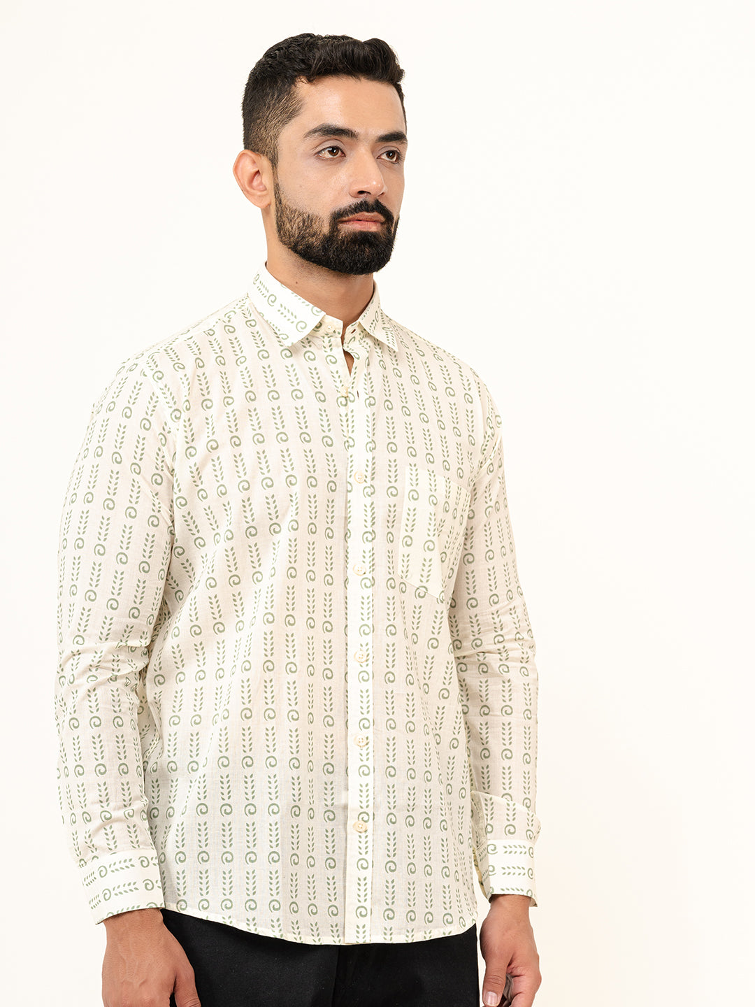 White Jaipuri Cotton Printed Shirt For Men