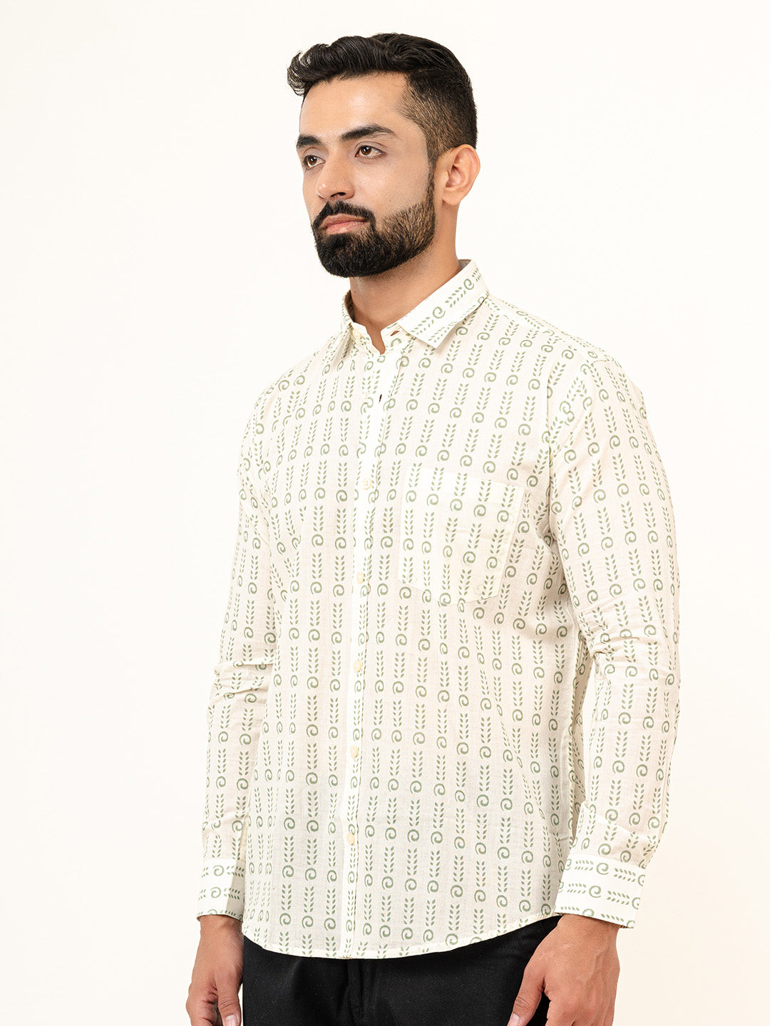 White Jaipuri Cotton Printed Shirt For Men