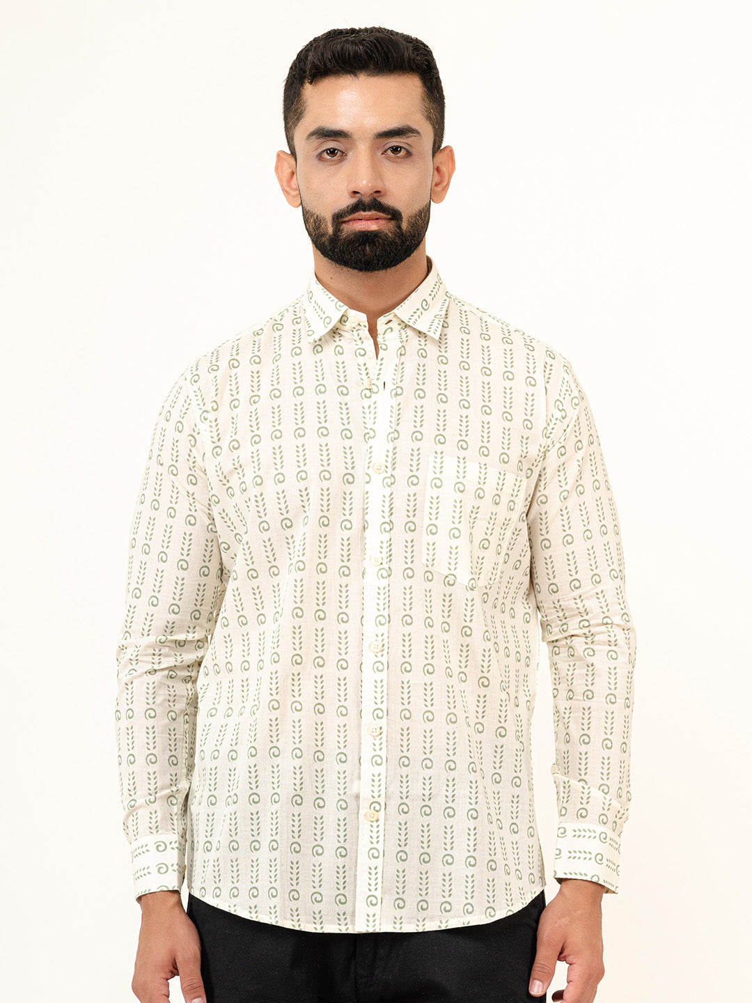 White Jaipuri Cotton Printed Shirt For Men