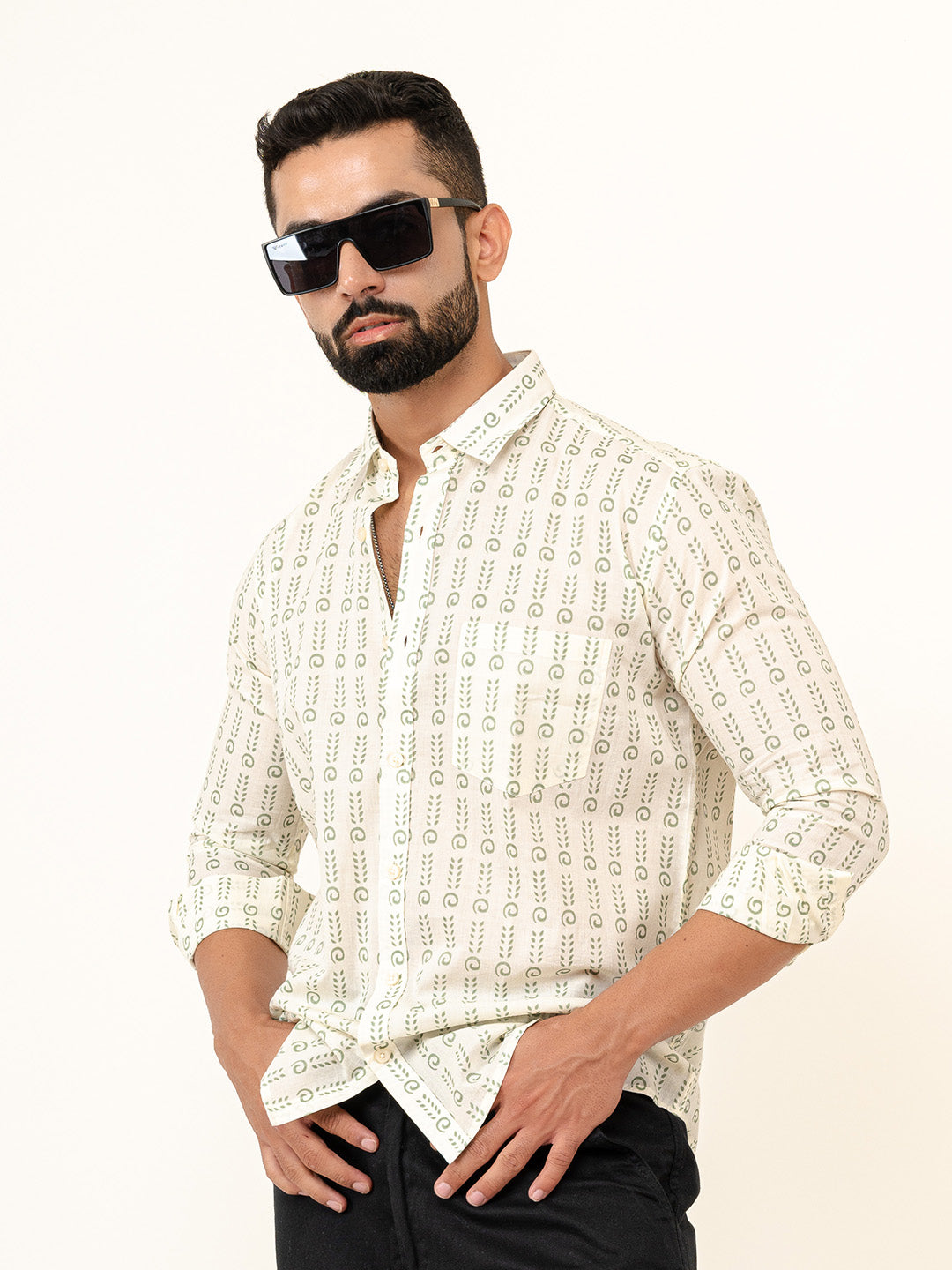 White Jaipuri Cotton Printed Shirt For Men