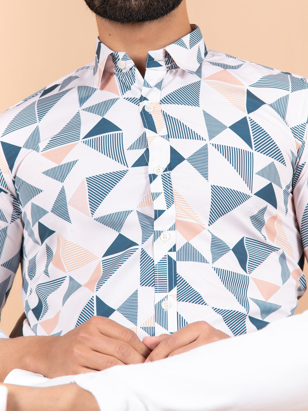 Off-white & Blue Digital Crepe Printed Shirt For Men