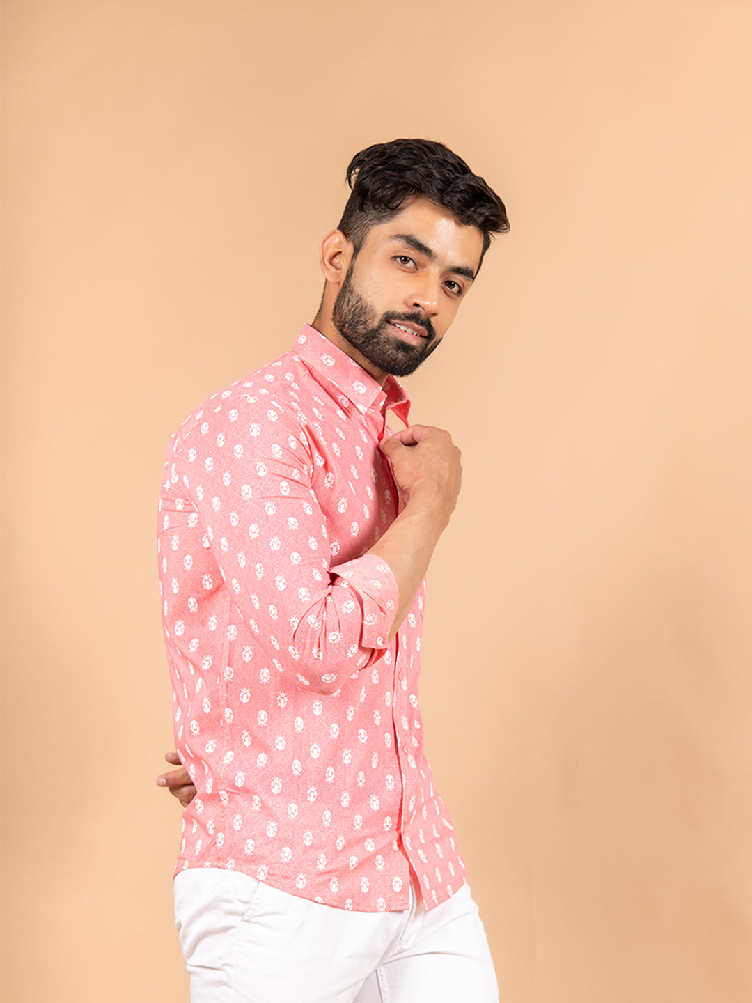 Pink Jaipuri Cotton Printed Shirt For Men