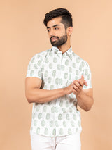 White Motifs Jaipuri Cotton Half Sleeves Printed Shirt