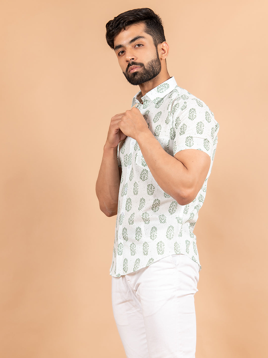 White Motifs Jaipuri Cotton Half Sleeves Printed Shirt