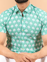 Sea Green Cotton Half Sleeves Jaipuri Printed Shirt