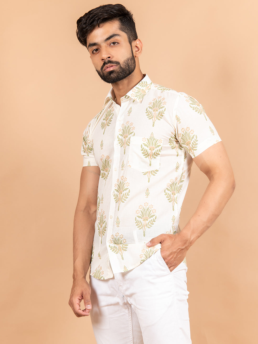 White Half Sleeves Jaipuri Printed Shirt