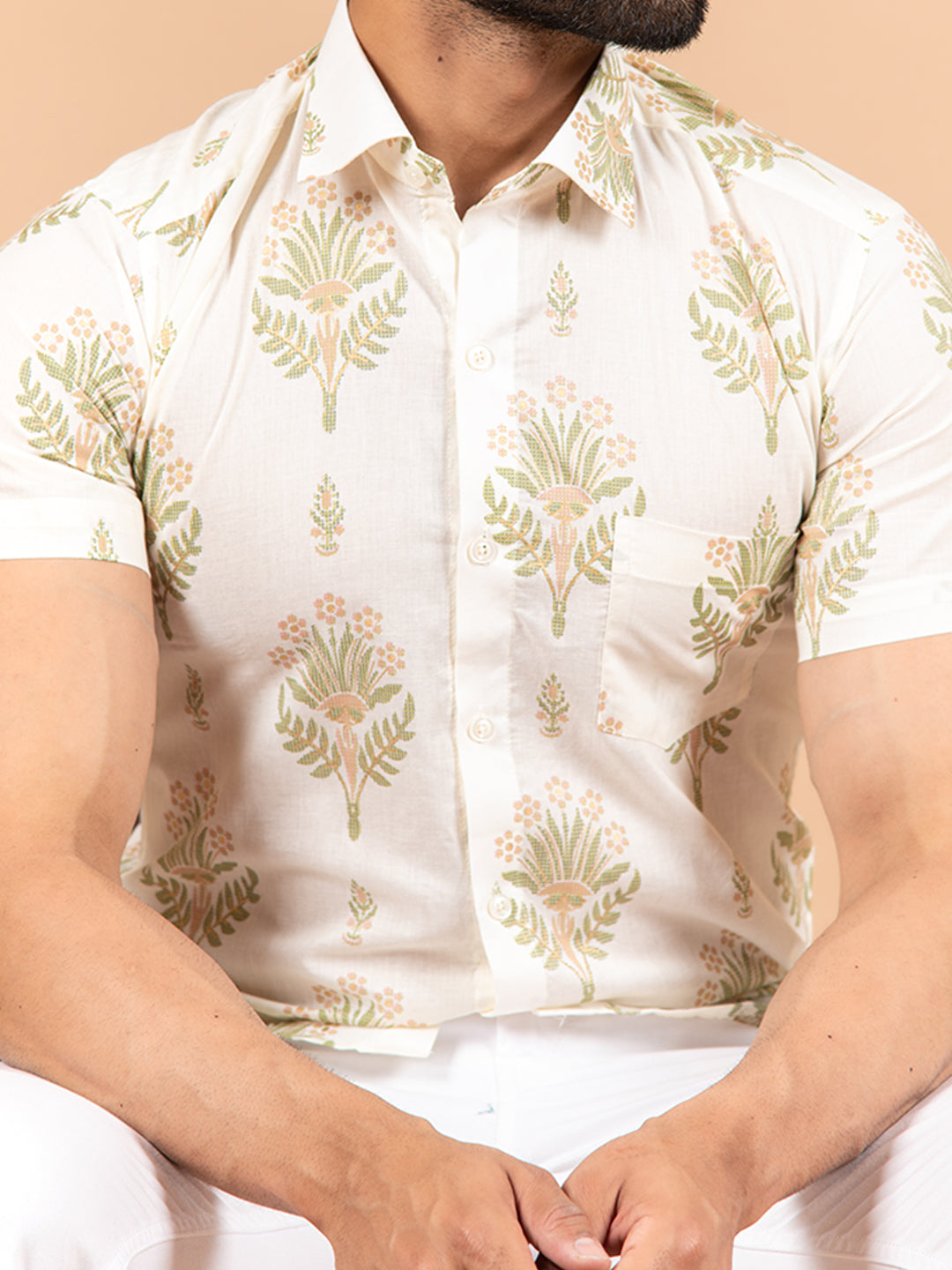 White Half Sleeves Jaipuri Printed Shirt