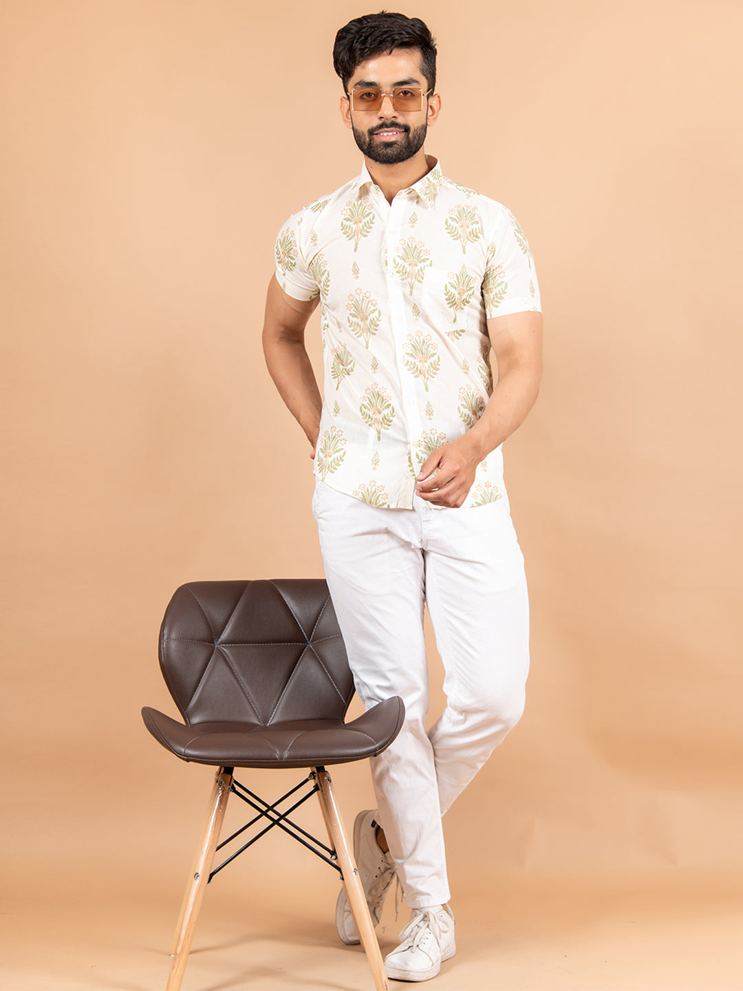 White Half Sleeves Jaipuri Printed Shirt