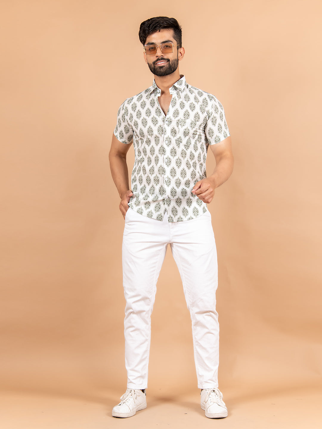 White Motifs Jaipuri Printed Half Sleeves Shirt