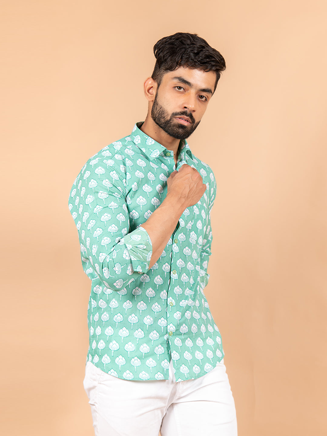 Sea Green Cotton Jaipuri Printed Shirt