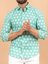 Sea Green Cotton Jaipuri Printed Shirt