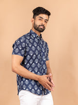 Blue Jaipuri Cotton Half Printed Shirts For Men