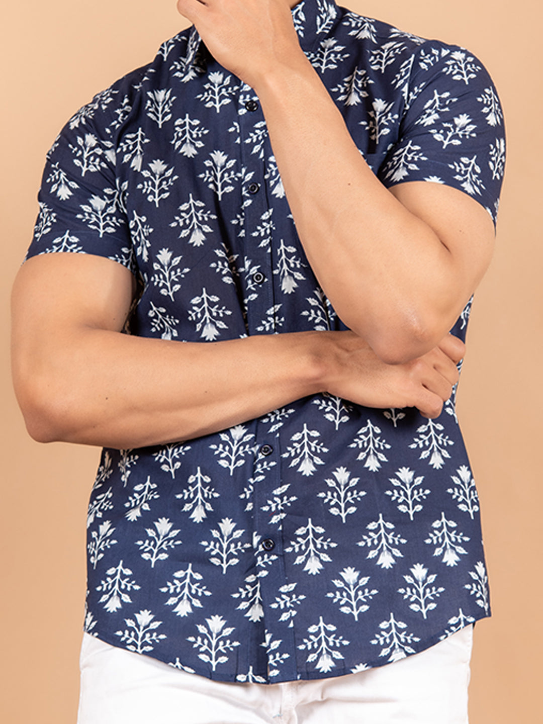 Blue Jaipuri Cotton Half Printed Shirts For Men