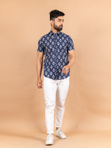 Blue Jaipuri Cotton Half Printed Shirts For Men