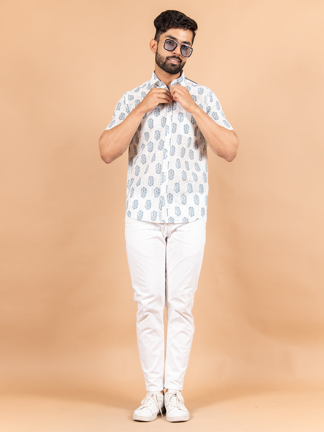 Cotton White Jaipuri Printed Shirts For Men