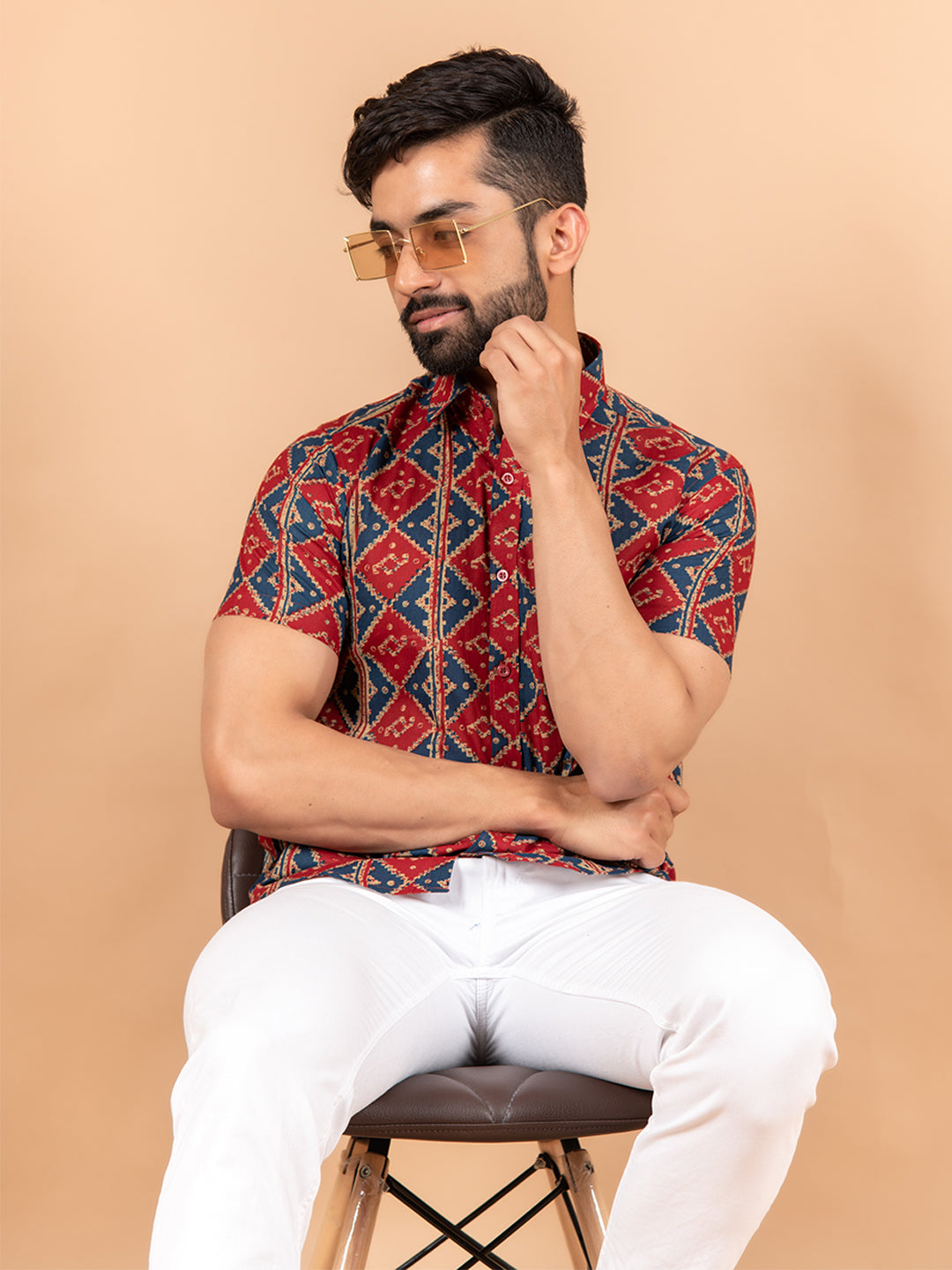 Red and Blue Jaipuri Half Sleeves Cotton Printed Shirt For Men