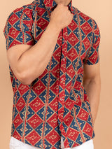 Red and Blue Jaipuri Half Sleeves Cotton Printed Shirt For Men