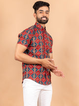 Red and Blue Jaipuri Half Sleeves Cotton Printed Shirt For Men