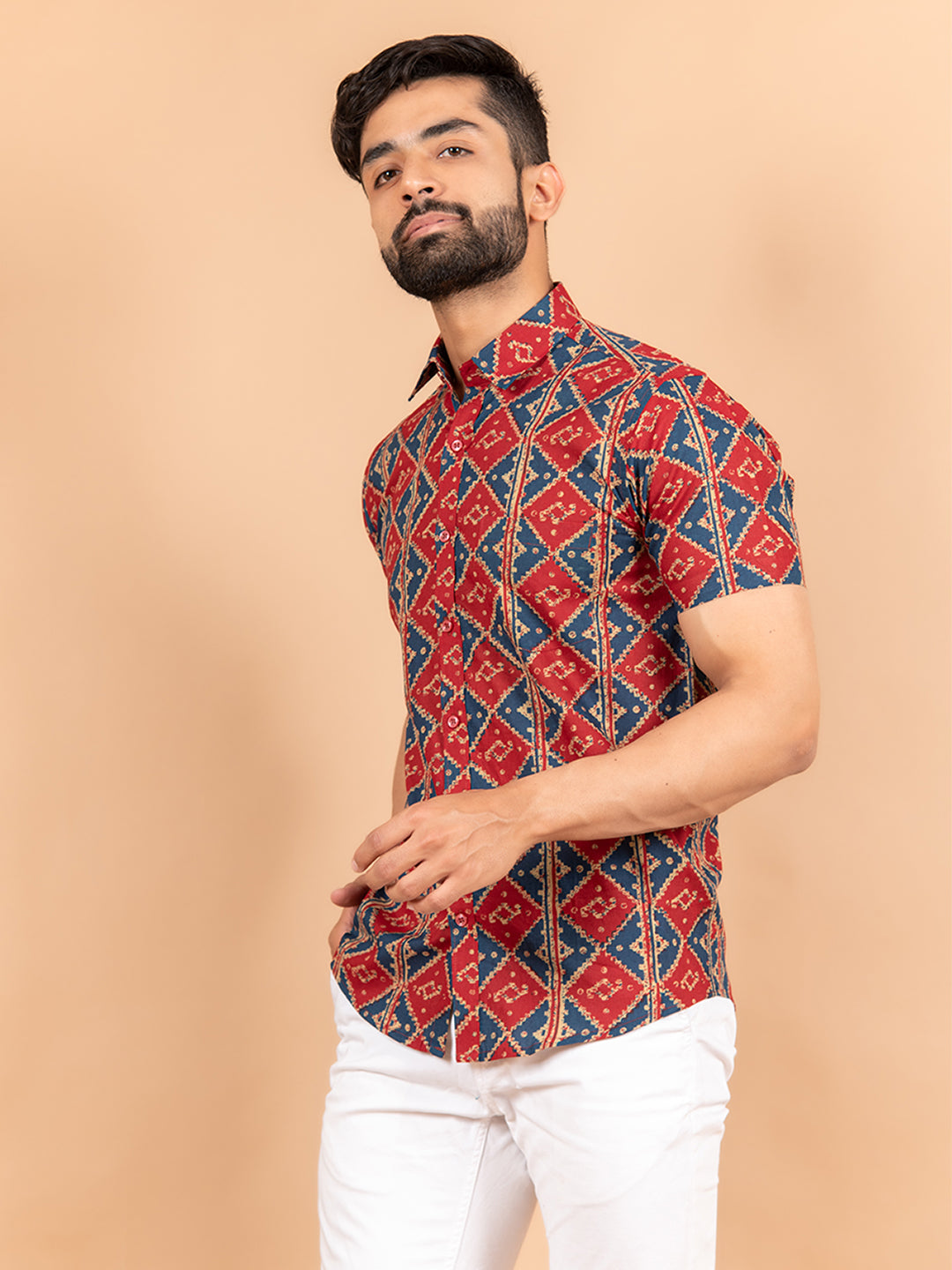 Red and Blue Jaipuri Half Sleeves Cotton Printed Shirt For Men