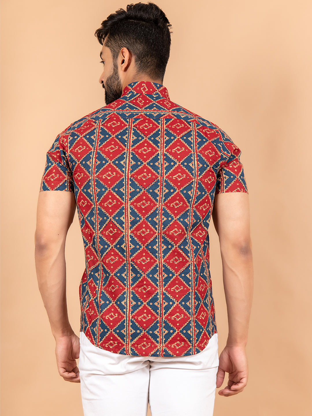 Red and Blue Jaipuri Half Sleeves Cotton Printed Shirt For Men