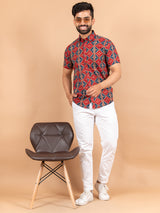 Red and Blue Jaipuri Half Sleeves Cotton Printed Shirt For Men