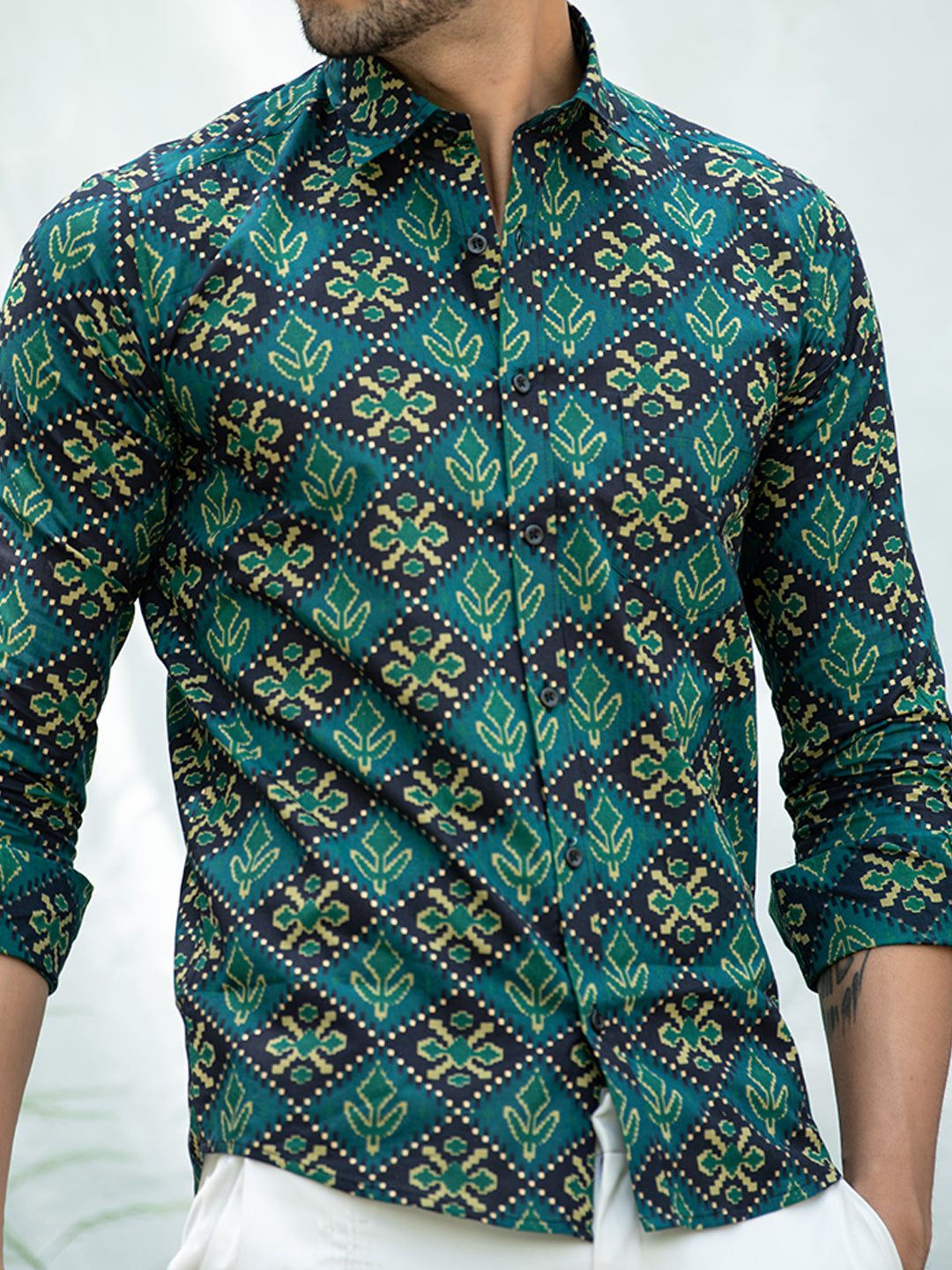 Green Jaipuri Cotton Printed Shirt For Men