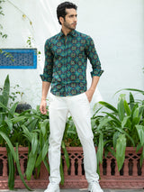 Green Jaipuri Cotton Printed Shirt For Men