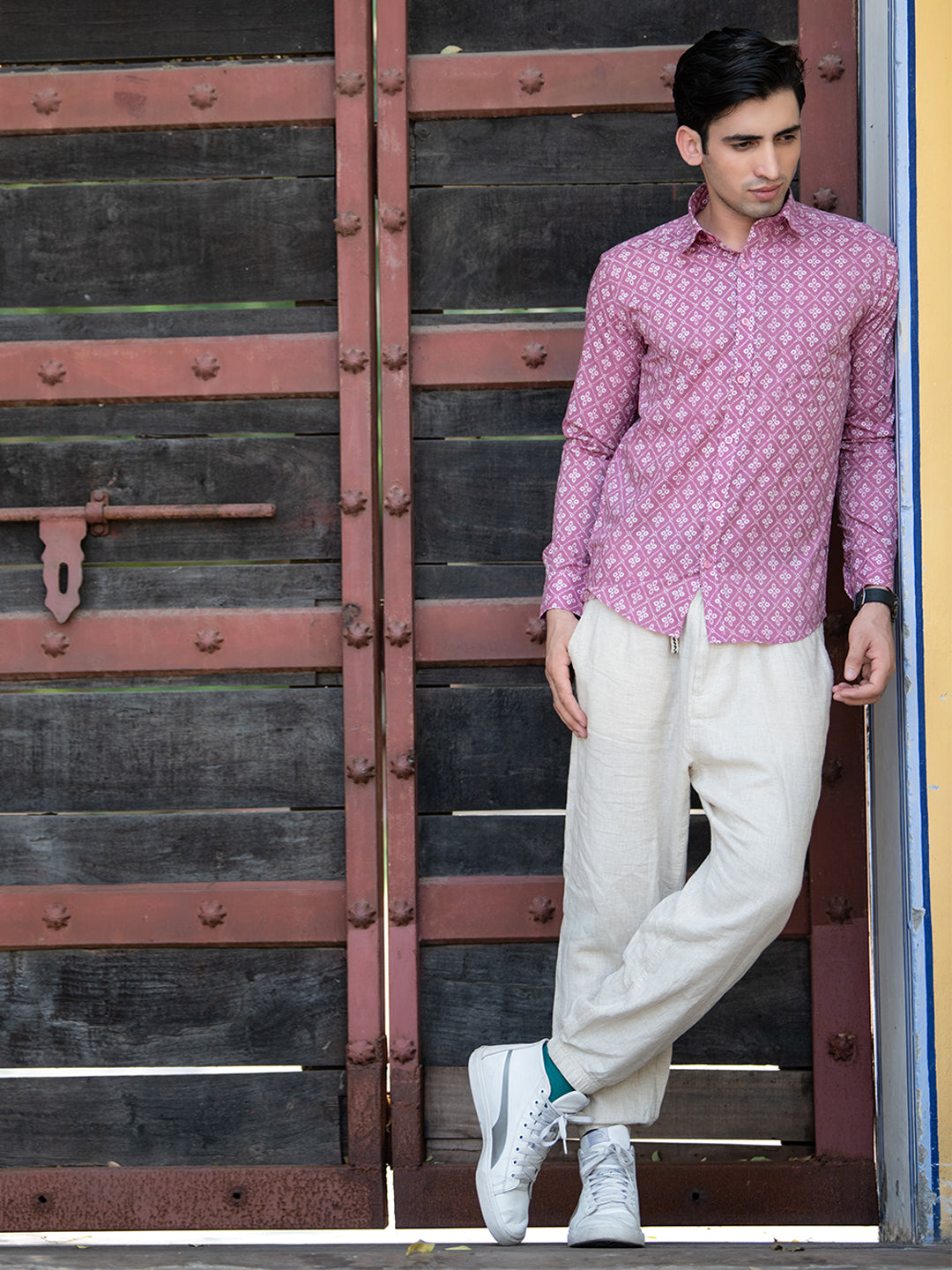 Cotton Pink Jaipuri Printed Shirts For Men