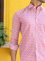 Cotton Pink Jaipuri Printed Shirts For Men