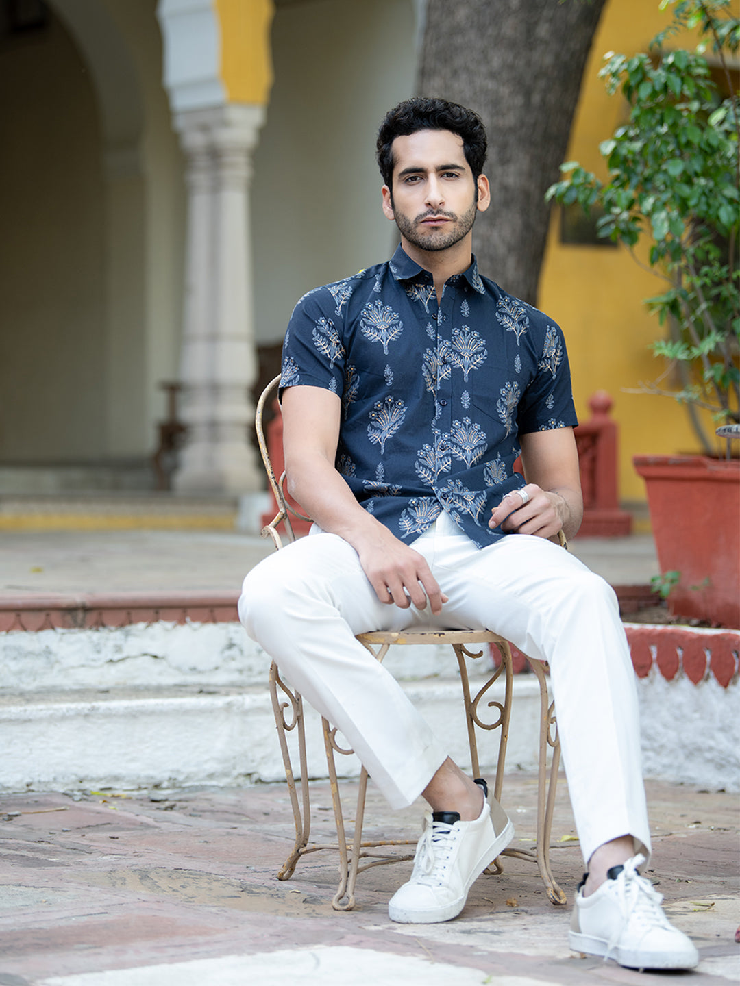 Blue Jaipuri Cotton Half Printed Shirt For Men